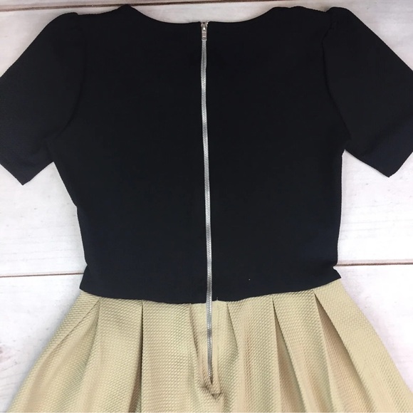 LuLaRoe Women’s XS Black Tan Textured Colorblock Pleated Amelia Flare Dress - Picture 4 of 6